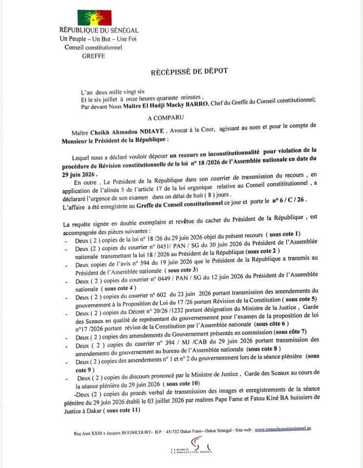 Le président Bassirou Diomaye Faye conteste la procédure de révision constitutionnelle devant le Conseil constitutionnel.