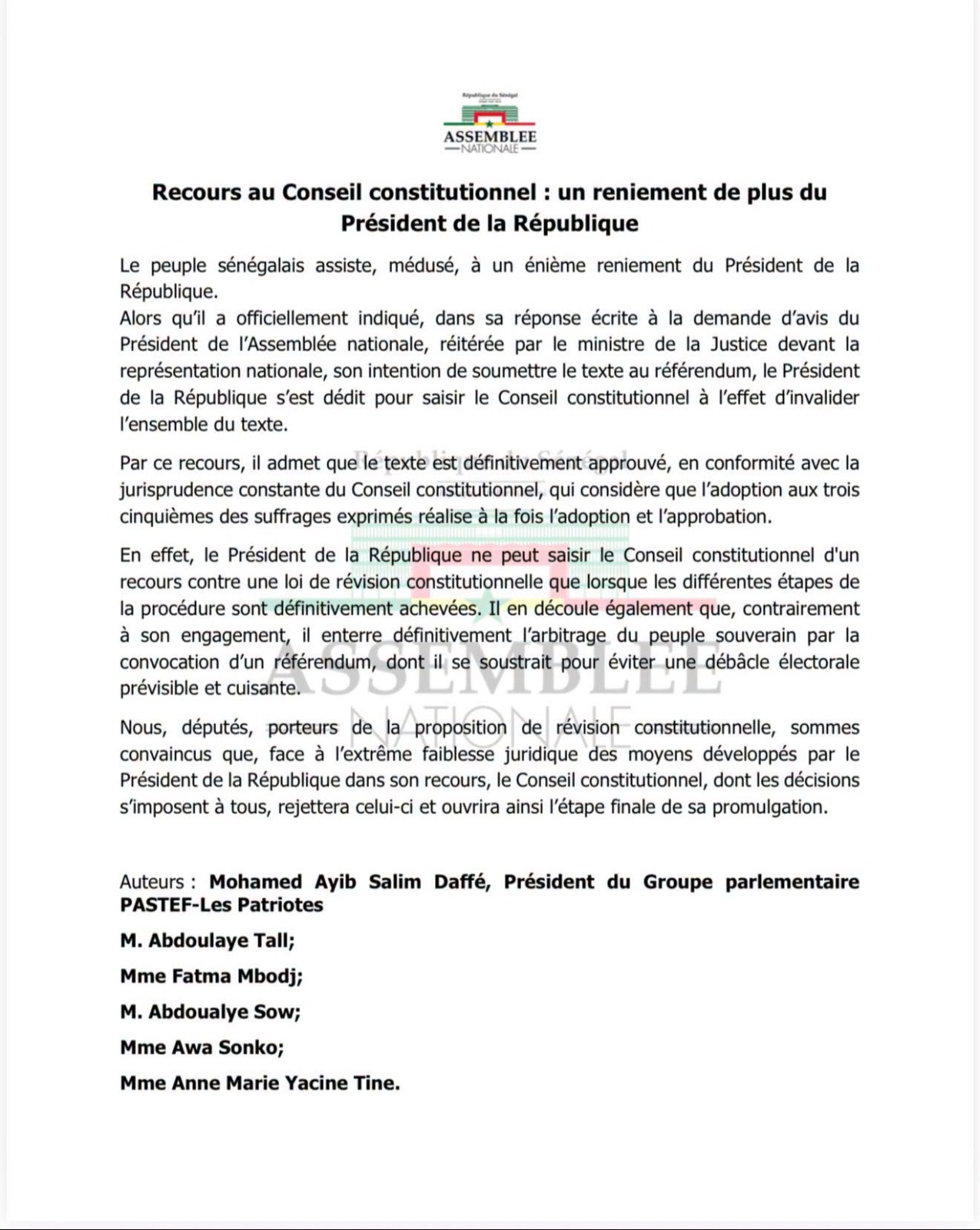 Saisine du Conseil constitutionnel : PASTEF contre-attaque