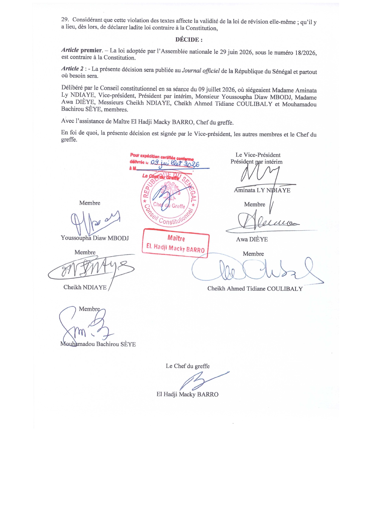 Sénégal: le Conseil constitutionnel invalide la loi de révision constitutionnelle n° 18/2026