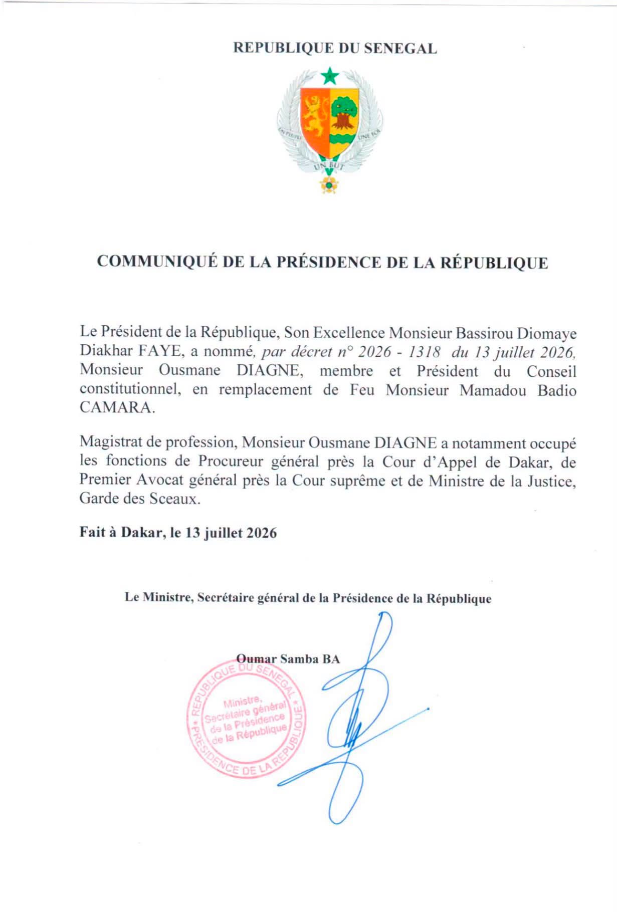 Conseil constitutionnel : Ousmane Diagne nommé président en remplacement de Mamadou Badio Camara