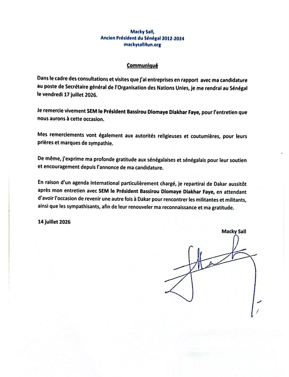 Macky Sall à Dakar pour solliciter l’appui de Bassirou Diomaye Faye dans la course à la tête de l’ONU