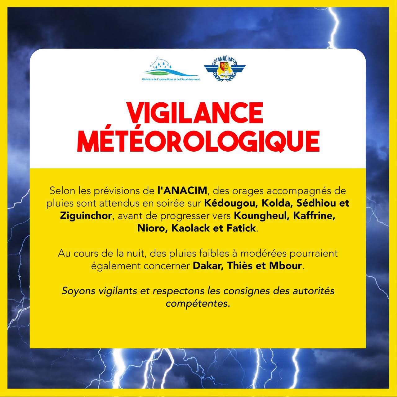 L’ANACIM annonce des orages et des pluies sur une grande partie du pays