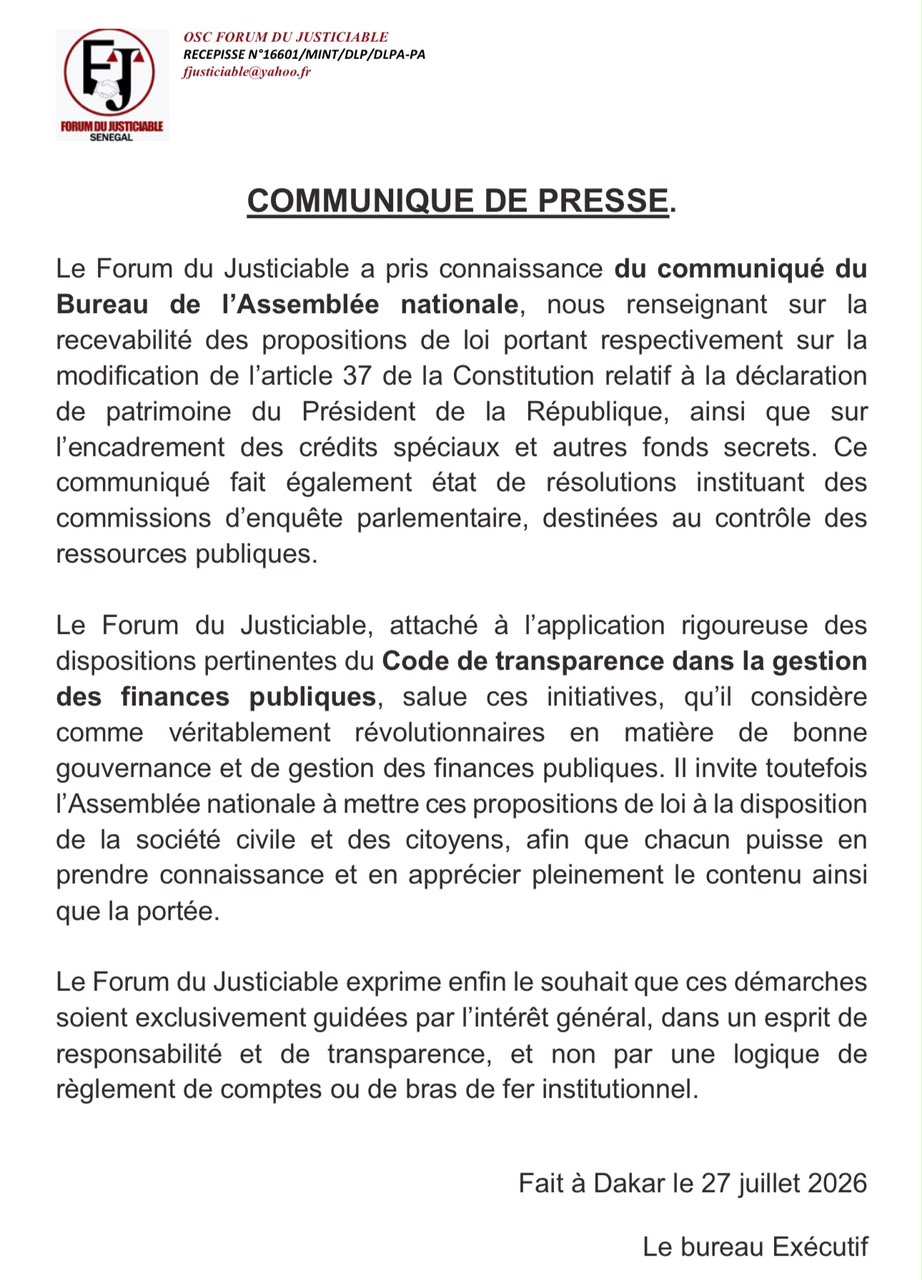Transparence budgétaire et bonne gouvernance : Le Forum du Justiciable salue les initiatives de l’Assemblée nationale