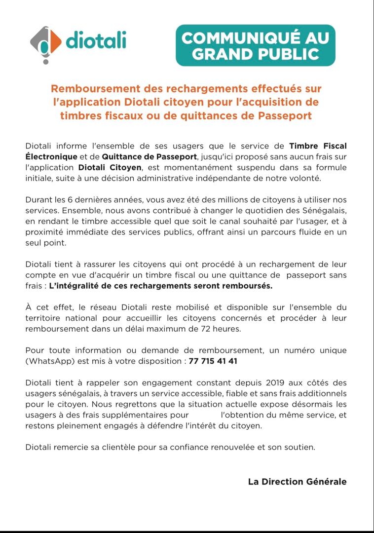 Diotali annonce le remboursement des rechargements destinés aux timbres fiscaux et quittances de passeport