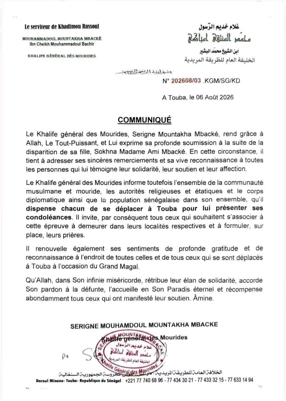 Condoléances après le décès de sa fille : le message de Serigne Mountakha Mbacké