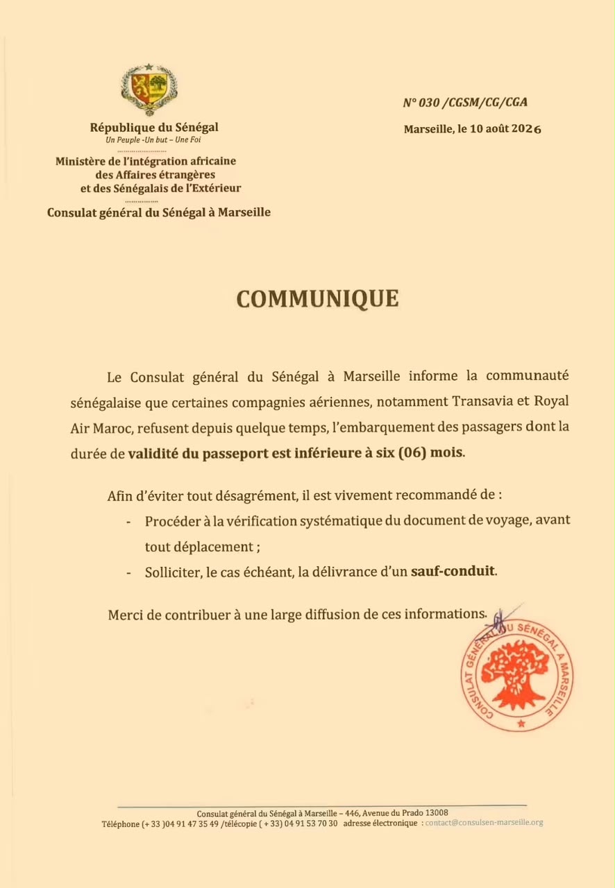 Voyage : le Consulat du Sénégal à Marseille met en garde contre les passeports bientôt expirés