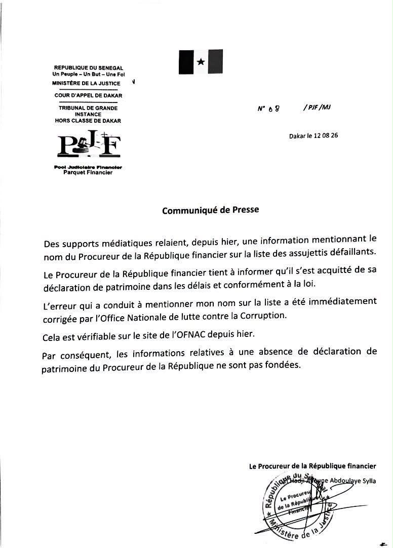 Déclaration de patrimoine : le Procureur financier dément son inscription sur la liste des défaillants