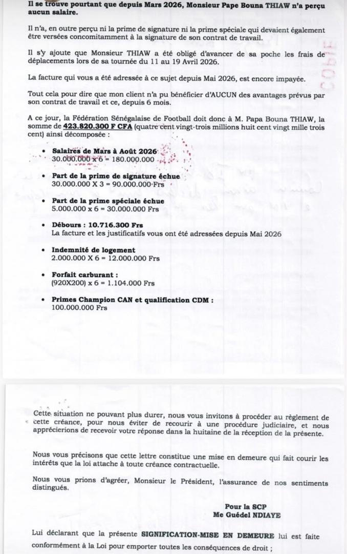 Football sénégalais : Pape Bouna Thiaw réclame plus de 423 millions FCFA à la Fédération