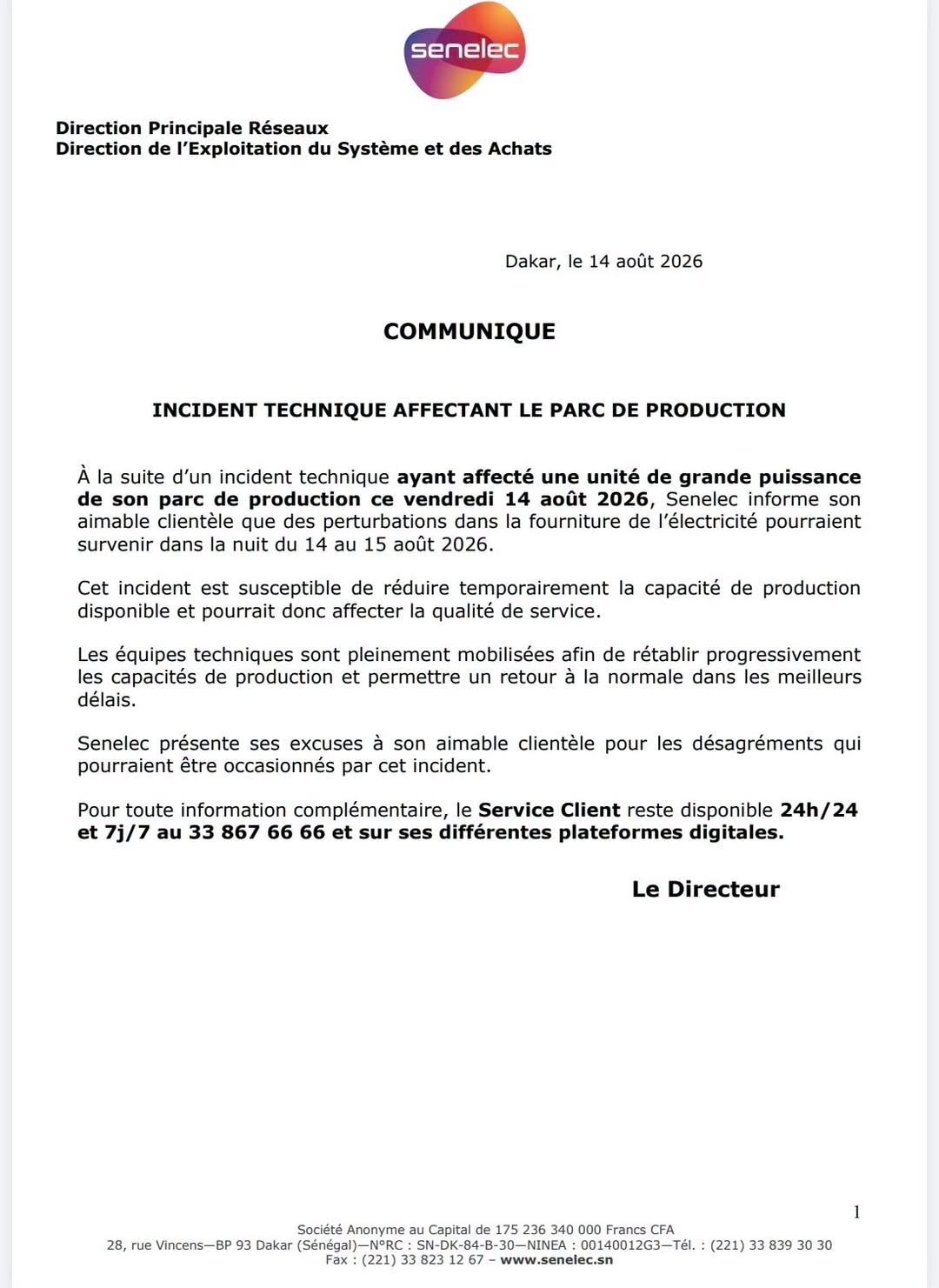 Électricité : Senelec annonce des perturbations dans la nuit du 14 au 15 août