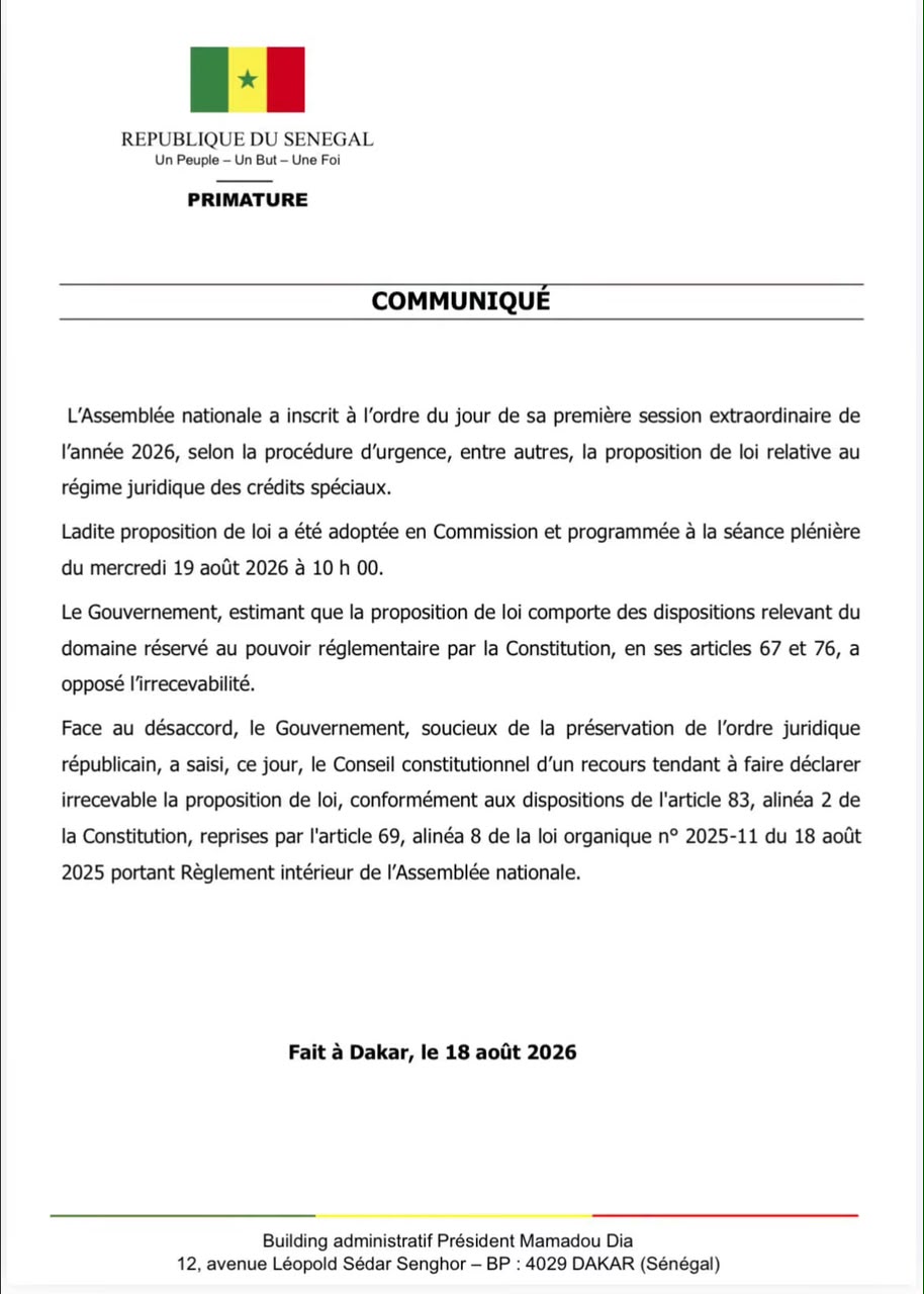 Crédits spéciaux : le Gouvernement saisit le Conseil constitutionnel pour contester la proposition de loi