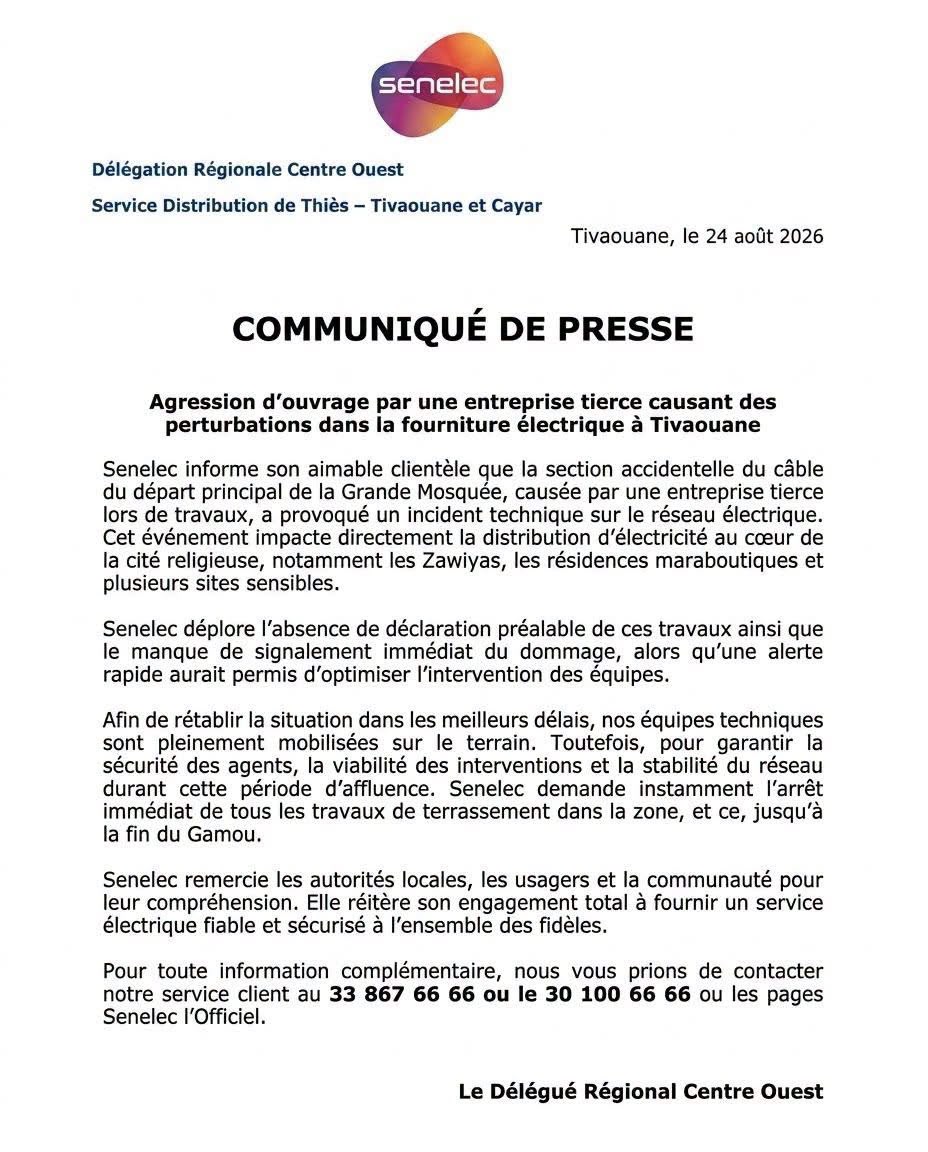 Perturbations électriques à Tivaouane : Senelec demande l’arrêt des travaux de terrassement
