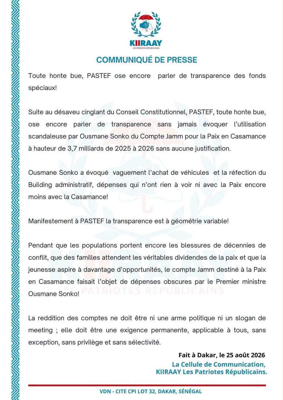 Fonds spéciaux : Kiraay accuse Pastef de « transparence à géométrie variable »