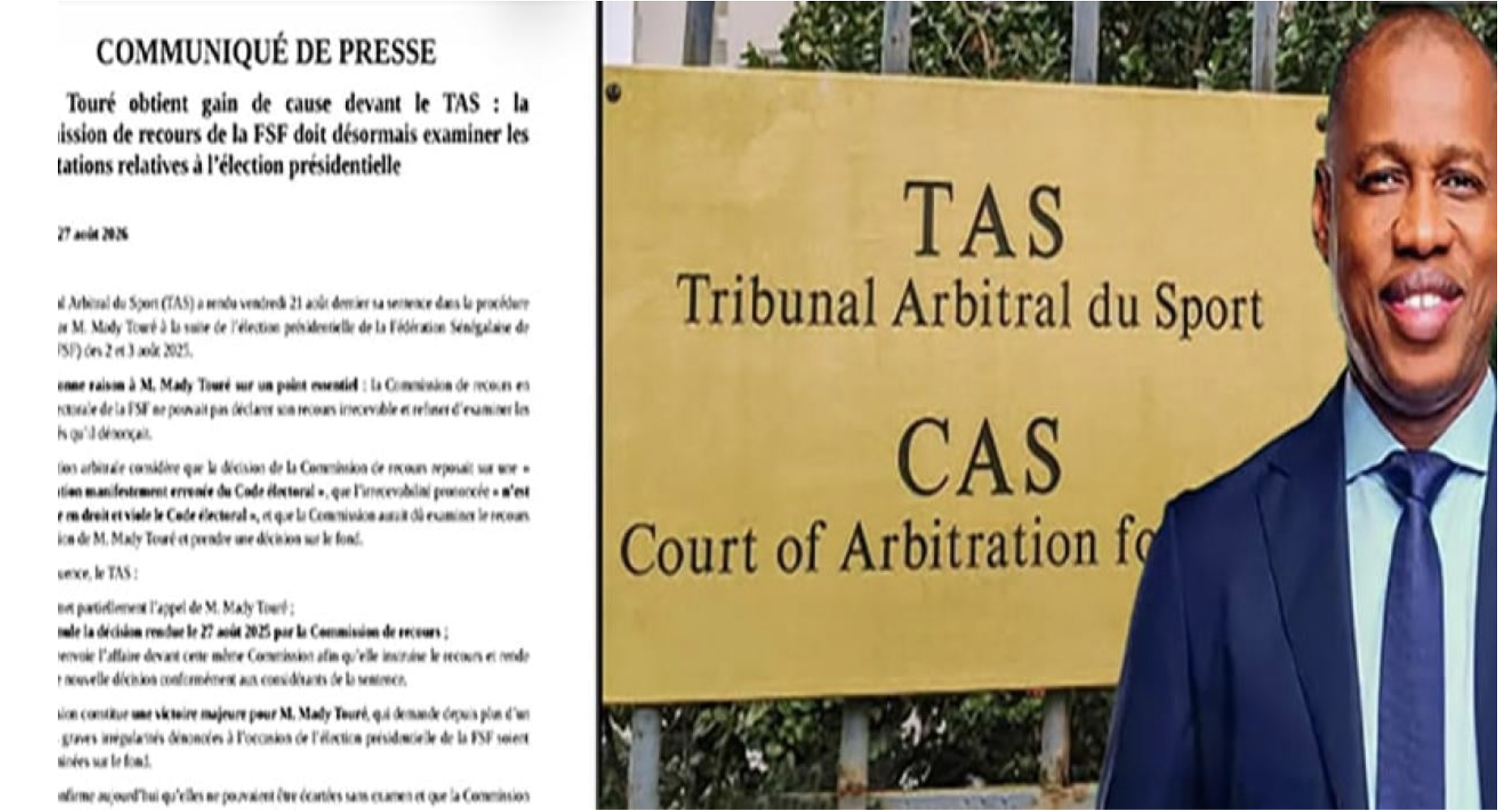 FSF : après la décision du TAS, Mady Touré réclame la reprise rapide de la procédure électorale