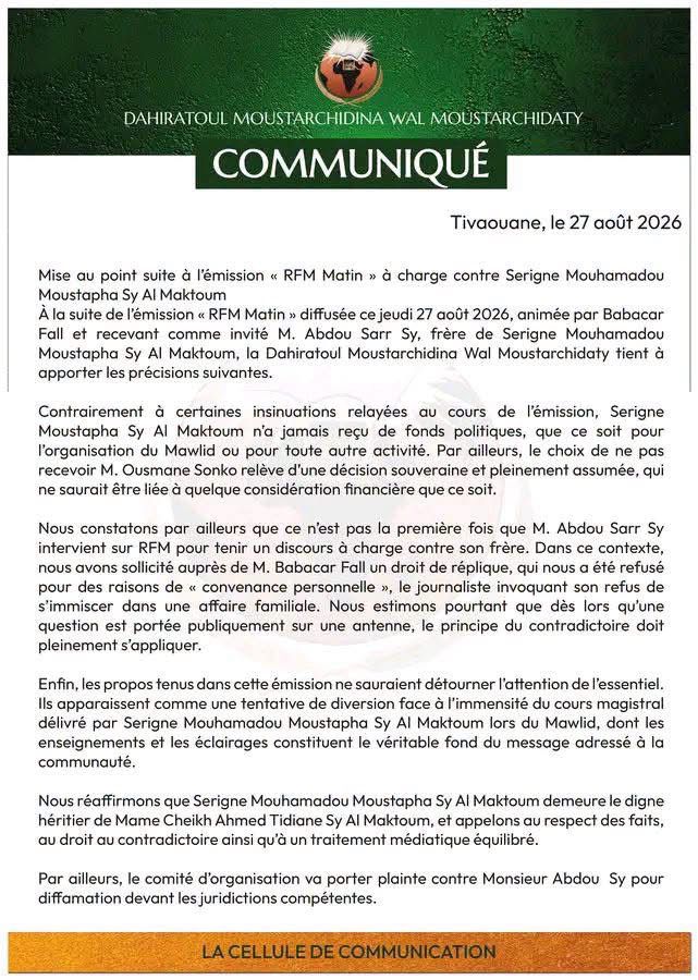 Accusations contre Serigne Moustapha Sy : la Dahiratoul Moustarchidina annonce une plainte pour diffamation