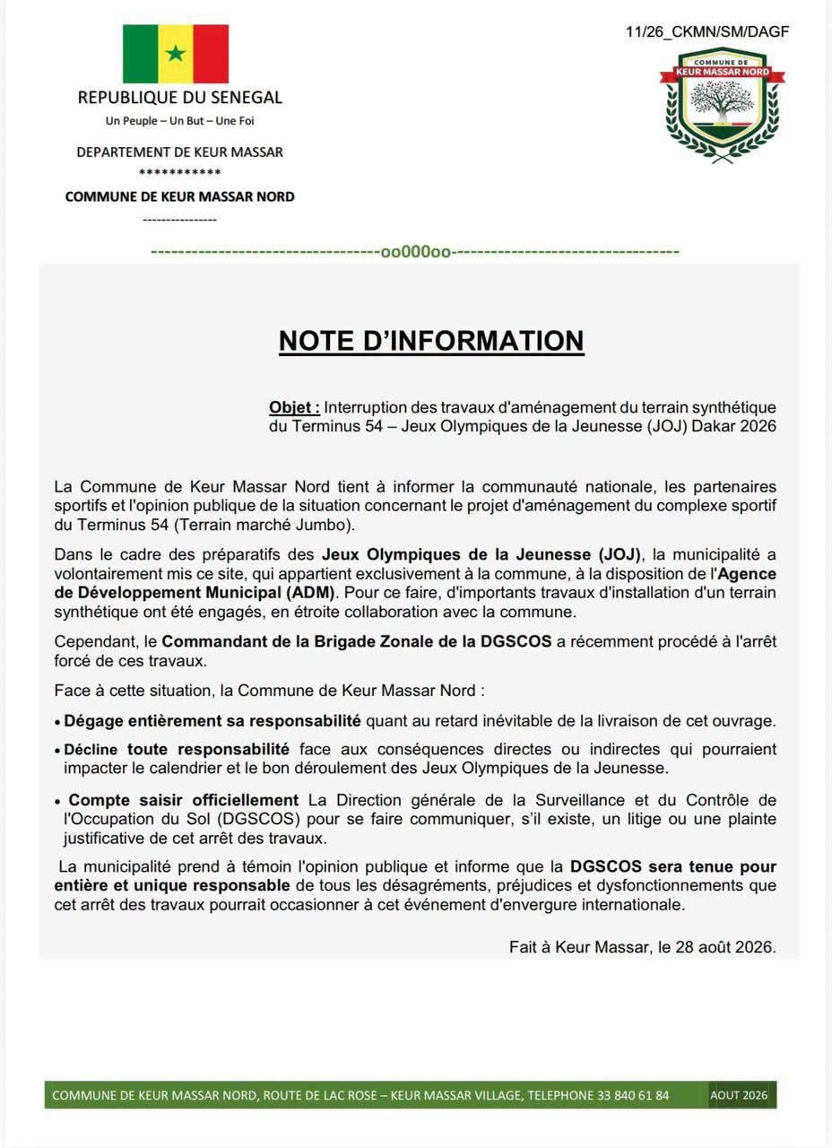 JOJ : Keur Massar Nord alerte sur l’arrêt des travaux du complexe sportif du Terminus 54