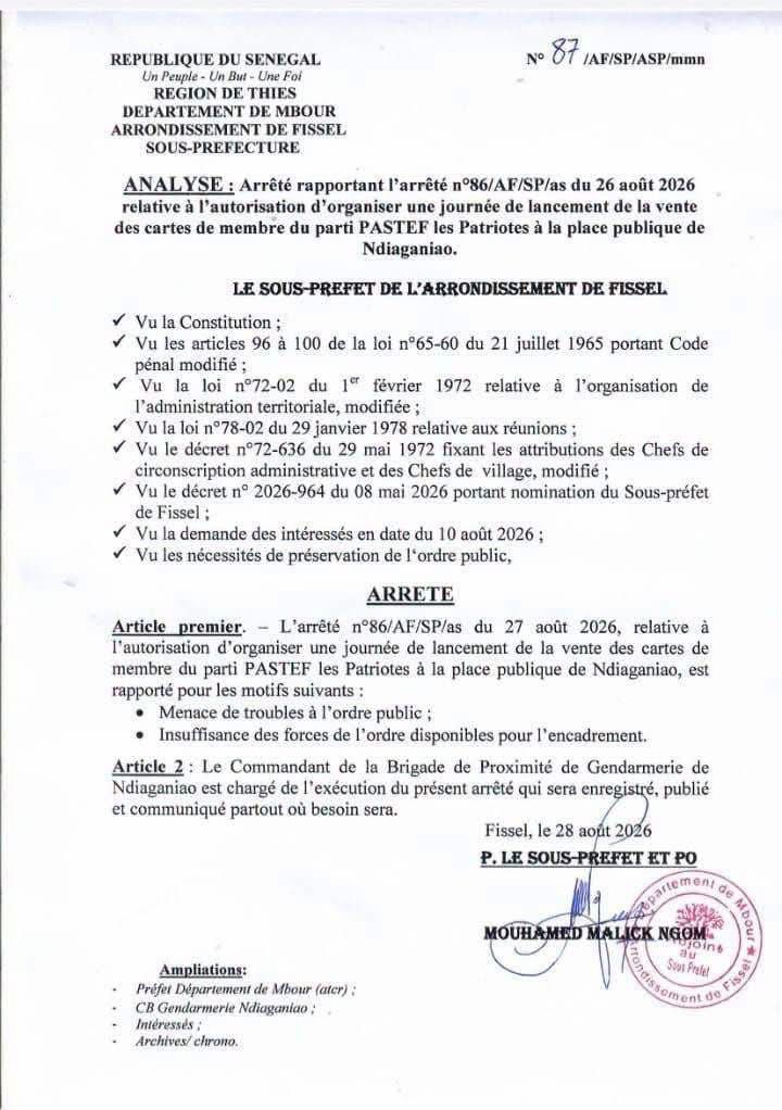 PASTEF à Ndiaganiao : l’autorité administrative invoque des menaces de troubles
