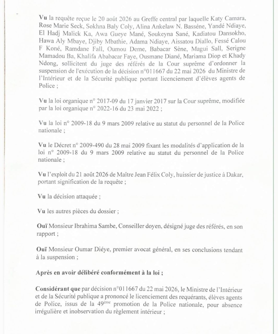 La Cour suprême suspend le licenciement des élèves agents de la 49ᵉ promotion