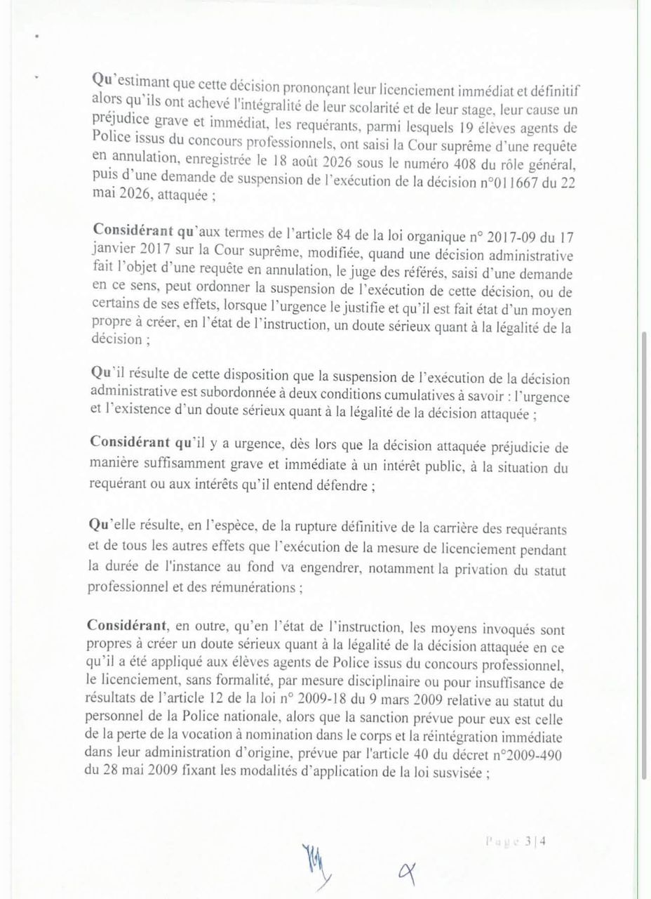 La Cour suprême suspend le licenciement des élèves agents de la 49ᵉ promotion