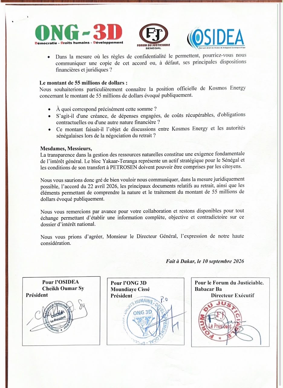 Yakaar-Teranga : l’OSIDEA, l’ONG 3D et le Forum du Justiciable demandent des clarifications à Kosmos Energy