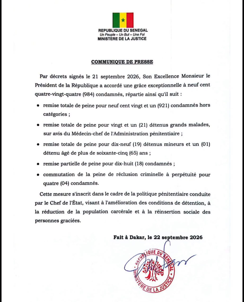 Sénégal : le Président gracie 984 condamnés
