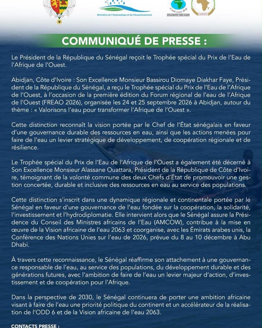 Abidjan : le président Bassirou Diomaye Faye reçoit le Trophée spécial du Prix de l’Eau