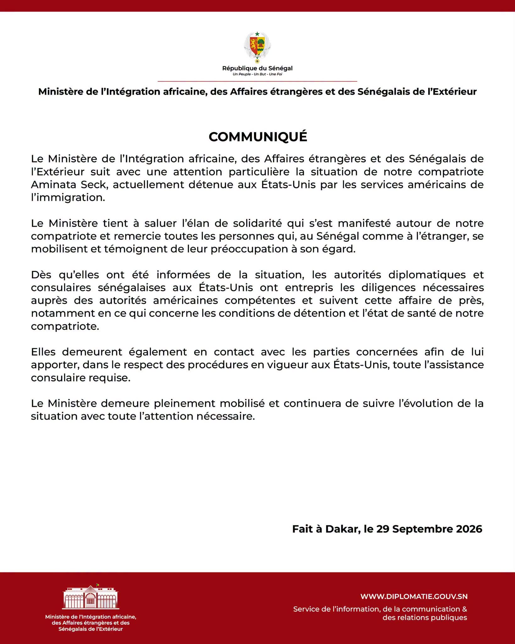 Le Ministère des Affaires étrangères mobilisé pour l'assistance à Aminata Seck, détenue aux États-Unis