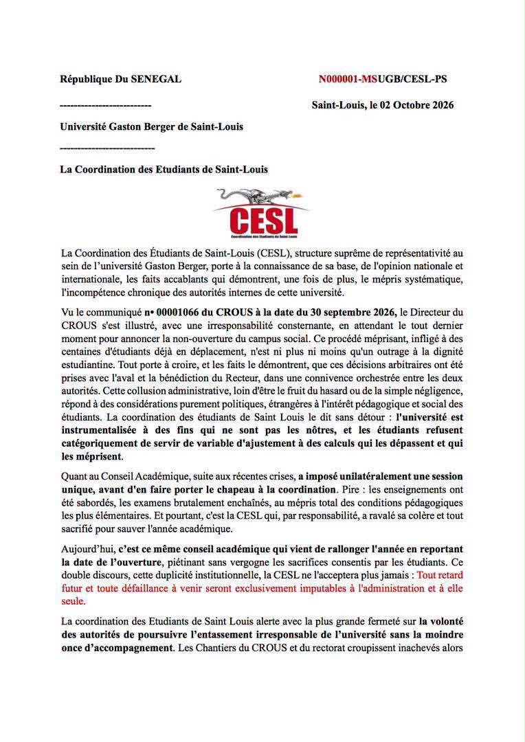 UGB : la CESL dénonce une gestion « irresponsable » et menace de durcir le ton