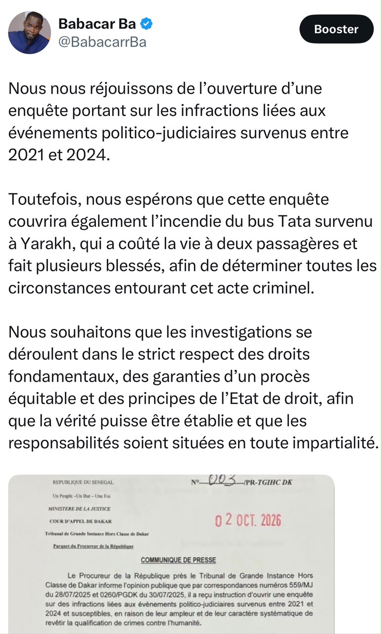 Événements 2021-2024 au Sénégal: Le Forum du Justiciables salue l'enquête et réclame toute la lumière sur l'attentat du bus Tata de Yarakh