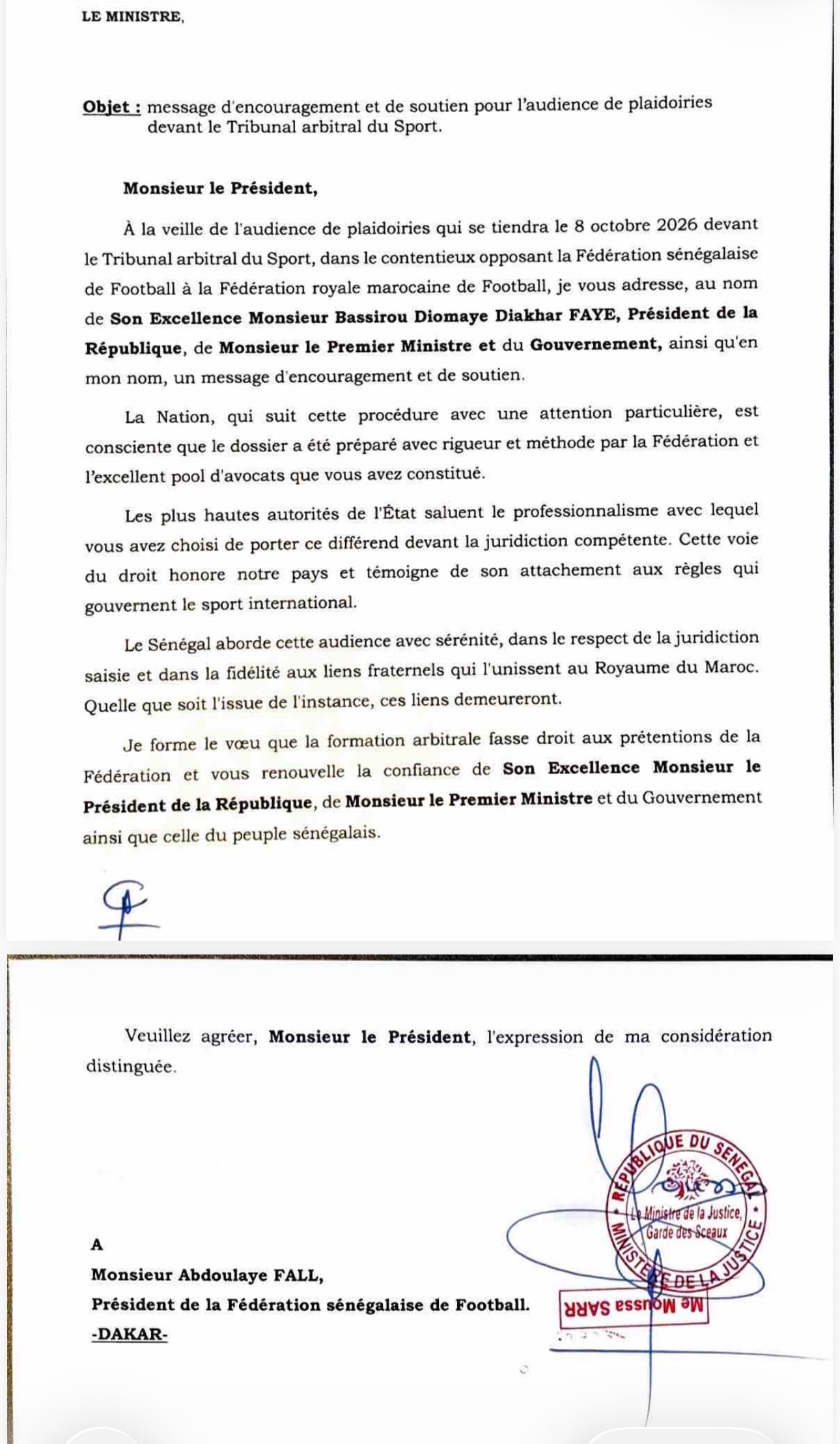 TAS : Me Moussa Sarr réaffirme le soutien de l’État à la FSF