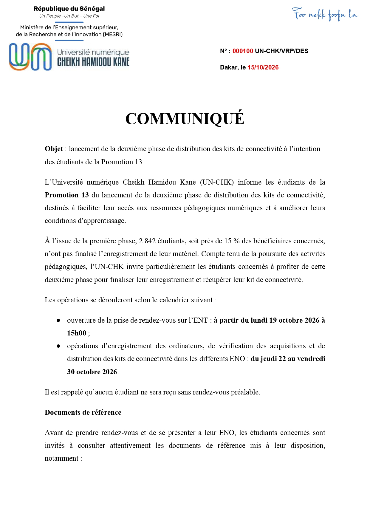 L'Université Numérique Cheikh Hamidou Kane lance la deuxième phase de distribution de kits de connectivité pour la Promotion 13