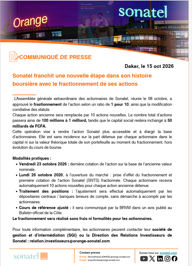 Sonatel annonce le fractionnement de ses actions par un ratio de 1 pour 10