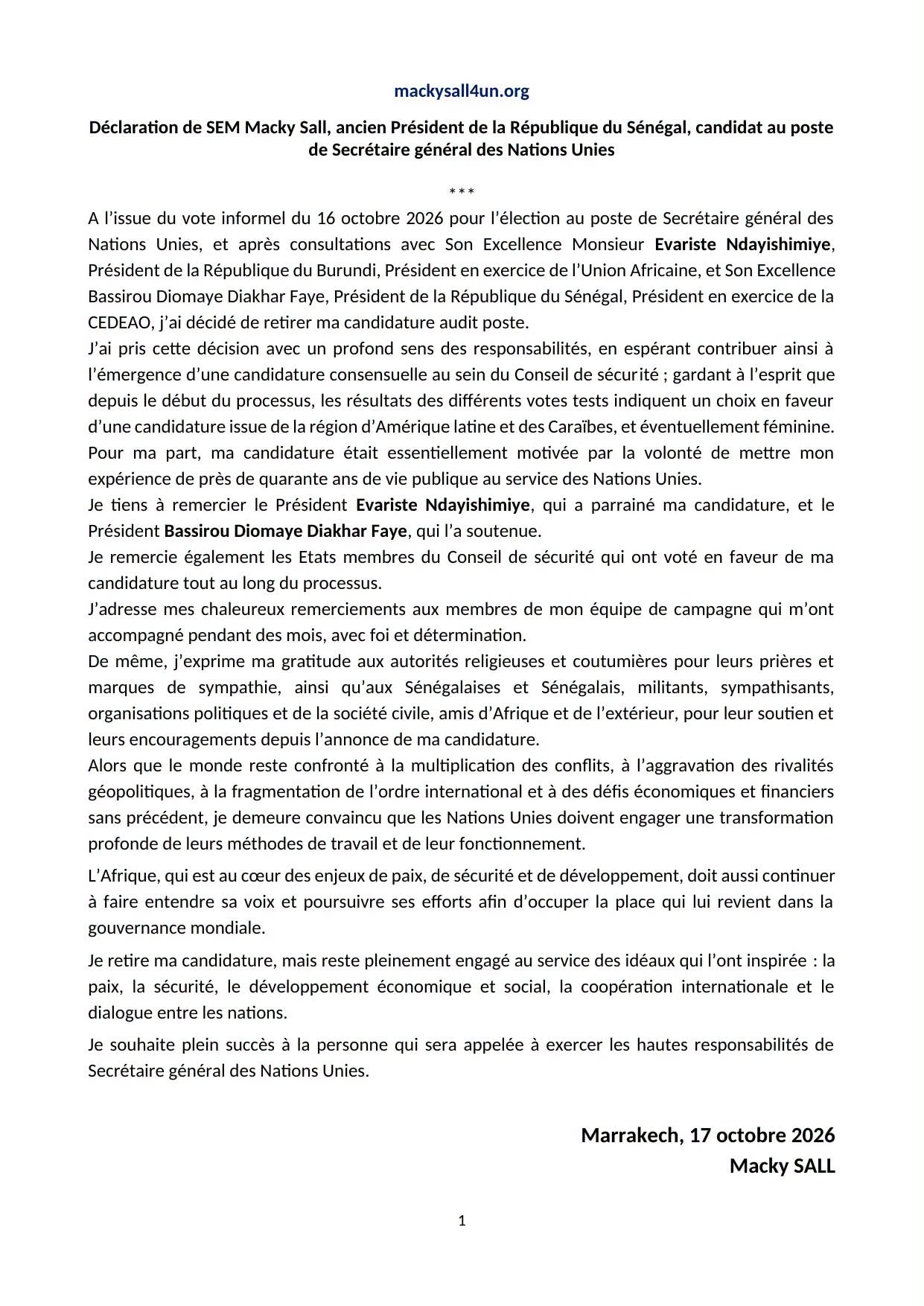 Macky Sall retire sa candidature à l’ONU après les consultations avec les présidents sénégalais et burundais