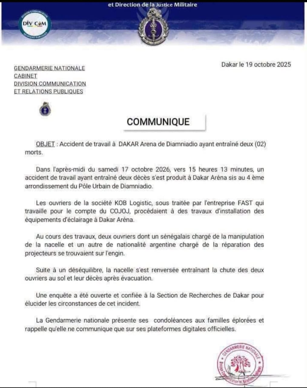 Dakar Arena : une nacelle chute et tue deux ouvriers lors de travaux d’éclairage
