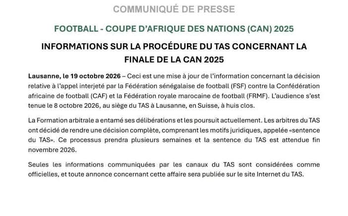 CAN 2025 : la décision du TAS sur le recours de la FSF attendue fin novembre 2026