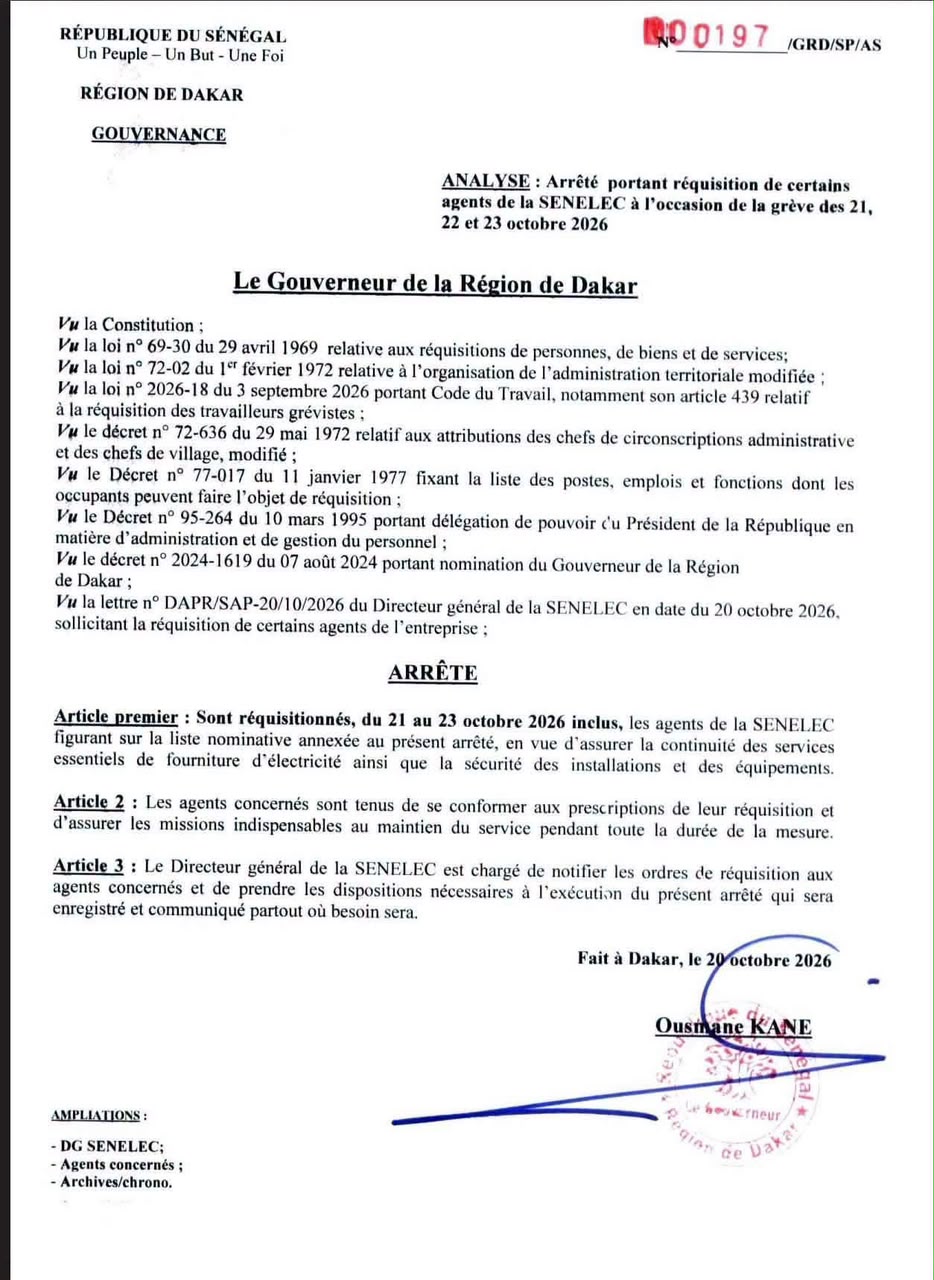 Grève des 21, 22 et 23 octobre : le gouverneur de Dakar réquisitionne des agents de la Senelec