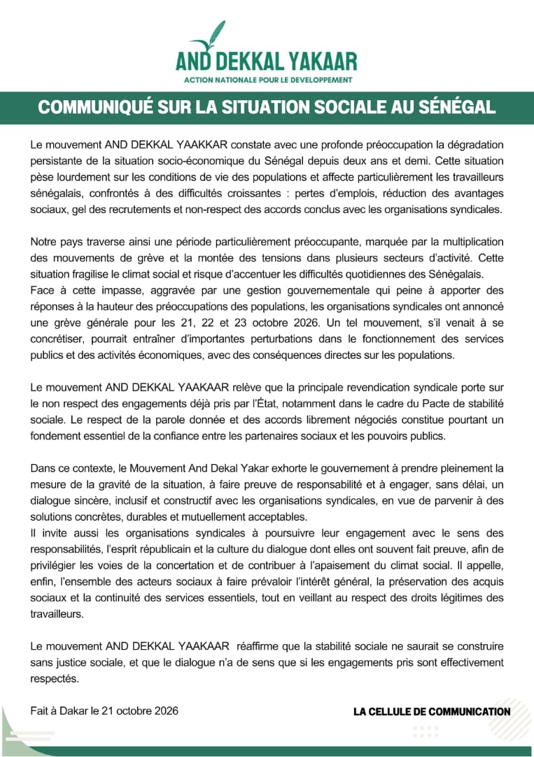 Grève générale des 21, 22 et 23 octobre : AND DEKKAL YAAKAAR alerte sur la dégradation du climat social au Sénégal
