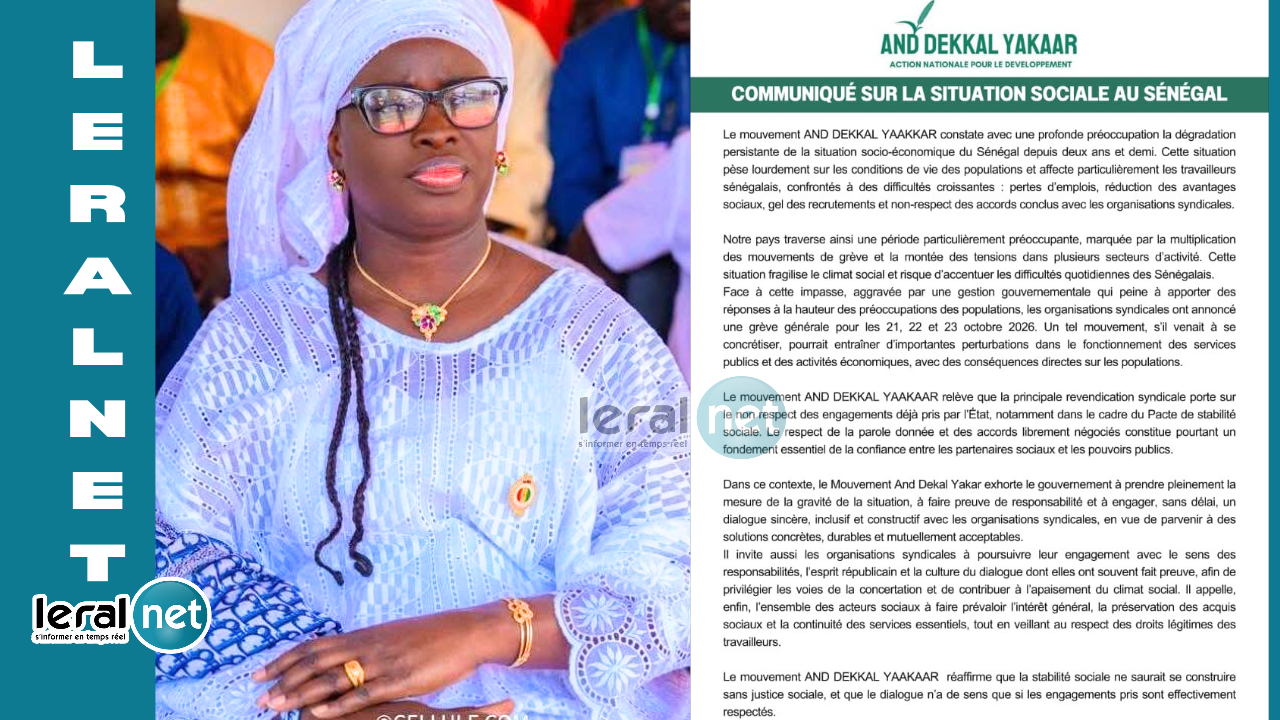 Grève générale des 21, 22 et 23 octobre : AND DEKKAL YAAKAAR alerte sur la dégradation du climat social au Sénégal