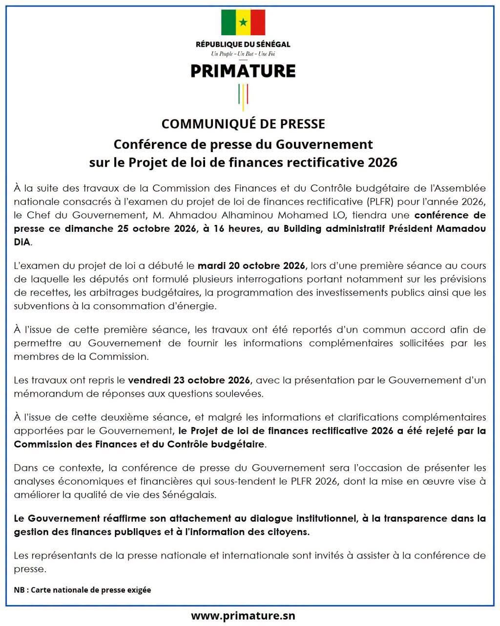 Rejet du PLFR 2026 en commission :   le Premier ministre Ahmadou Alhaminou Mohamed Lo prend la parole ce dimanche