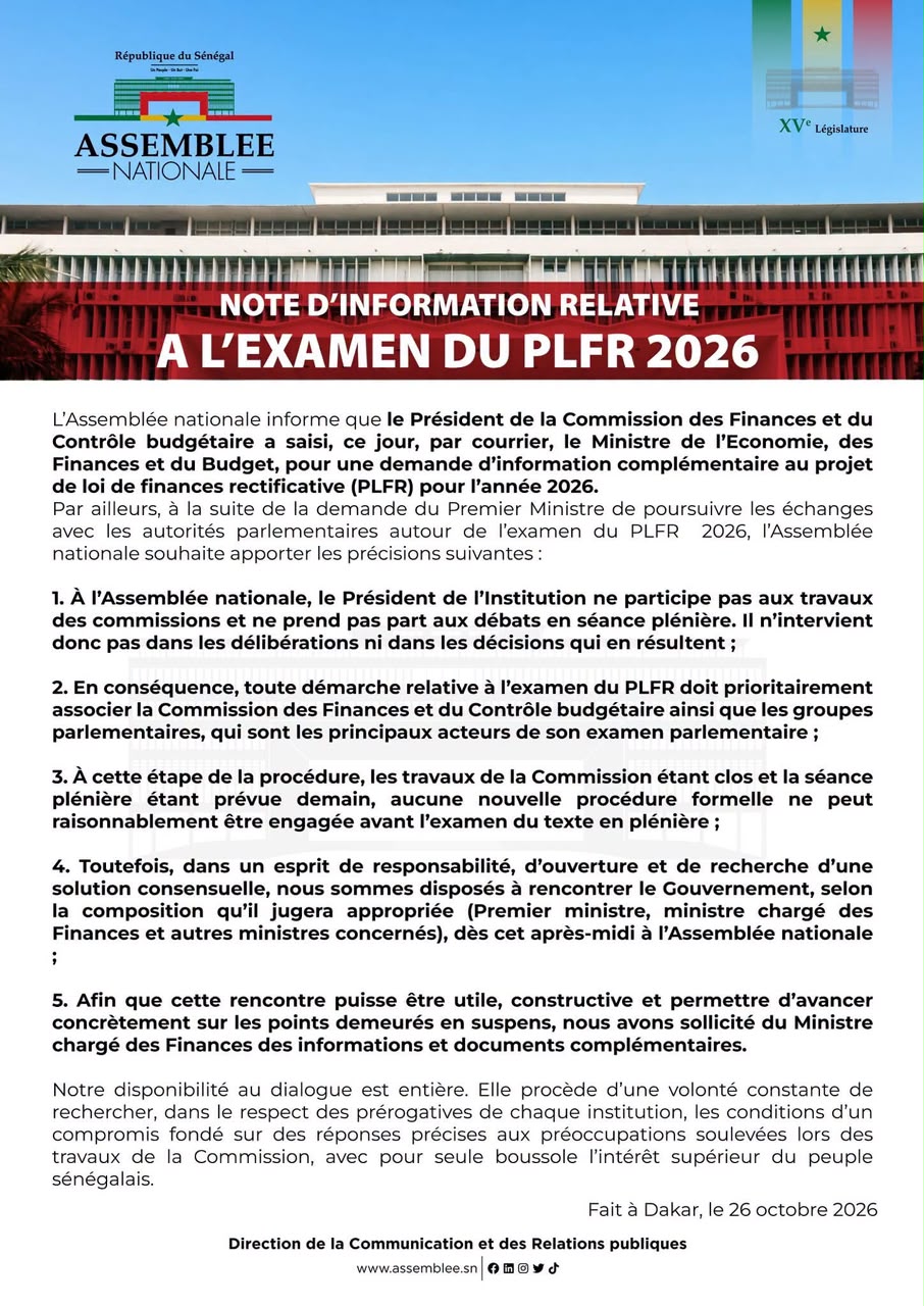 LFR 2026 : l’Assemblée nationale se dit prête à rencontrer le gouvernement