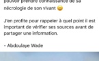 Me Abdoulaye Wade réagissant à la Fake News: « Il n’est pas donné à tous d’apprendre sa nécrologie… »