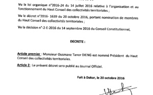 EXCLUSIF: les décrets du Haut Conseil des Collectivités territoriales (HCCT)
