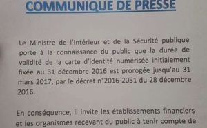 Les cartes d'identités nationales devant expirer le 31 décembre 2016 seront valables jusqu'au 31 mars 2017, par décret 