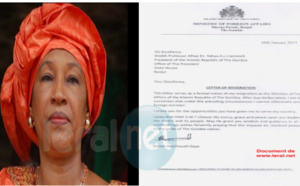Exclusif: voici la lettre de démission de Neneh Macdouall Gaye, ministre gambienne des Affaires étrangères présentement à Dakar ( Document administratif)