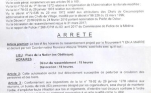 Voici l'Arrêté préfectoral n°094/P/D/DK du 06 avril 2017 autorisant le rassemblement initié par le Mouvement Y'EN A Marre.