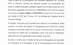 Communiqué de presse sur le dépôt de la caution pour les législatives du 30 juillet 2017
