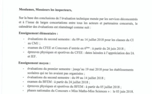 Lettre circulaire relative au réaménagement du calendrier des évaluations de l'année scolaire 2017/2018