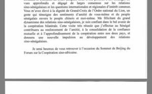 Document-Lettre de remerciements du Président chinois Xi Jinping à son homologue Macky Sall...