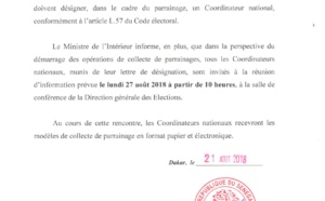 Parrainage : Le Ministre de l'Intérieur invite les personnes désireuses de prendre part à la présidentielle de 2019 à désigner leurs Coordonnateurs nationaux 