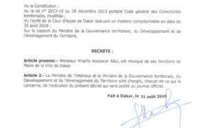 URGENT : Khalifa Sall révoqué de ses fonctions de Maire de Dakar par décret 2018-1701 (documents)
