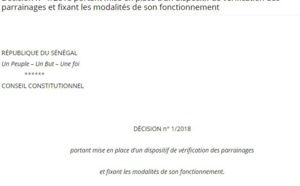 Décision n°1/2018 portant mise en place d'un dispositif de vérification des parrainages et fixant les modalités de son fonctionnement (document)
